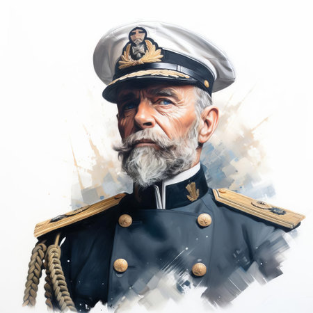 the admiral, a majestic naval officer, stands proudly against a crisp white background, exuding confidence and authority, adorned in a formal uniform with gold accents and medals, symbolizing honor, leadership, and dedication to the naval forces. ai generatedの素材