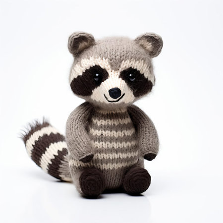 the adorable knitted raccoon sits proudly against a crisp white background, showcasing its intricate details and vibrant colors, perfect for nature lovers and craft enthusiasts who appreciate handmade textiles and woodland creatures. ai generatedの素材