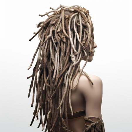 the woman with vibrant 3d dreadlocks stands out against a crisp white isolated background, showcasing her unique hairstyle featuring knotted and twisted locks, perfect for beauty, fashion, and cultural editorial use, highlighting individuality and self-expression. ai generatedの素材