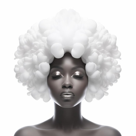 the afro woman, depicted in stunning 3d illustration, proudly showcases her vibrant, curly hair on a crisp white isolated background, highlighting the beauty of african heritage and cultural identity in a modern digital art form. ai generatedの素材