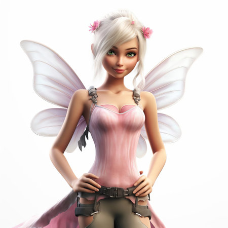 a whimsical 3d female pixie, with delicate wings and a mischievous grin, sits poised on a pristine white isolated background, evoking a sense of fantasy and magic, perfect for illustrations, digital art, and mythical creature enthusiasts. ai generatedの素材