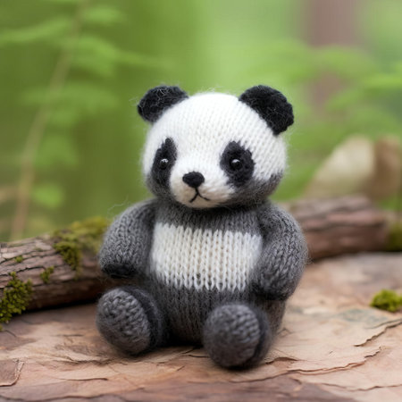 the adorable knitted panda sits serenely against a pristine white background, showcasing its intricate stitching and soft, cuddly texture, perfect for a nursery decoration or as a heartwarming gift for panda lovers and knitting enthusiasts alike, evoking feelings of warmth and coziness. ai generatedの素材