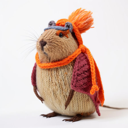 capybara, the world's largest rodent, sits proudly on a crisp white background, showcasing its soft and fluffy fur, expertly knitted to perfection, highlighting the intricate details of its whiskers and ears, a testament to the skill of the knitter, perfect for animal lovers and craft enthusiasts alike. ai generatedの素材