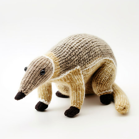 the adorable knitted anteater plush toy sits proudly against a crisp white background, showcasing its intricate stitching and soft, cuddly texture, perfect for snuggling and displaying in a nursery or child's bedroom, evoking feelings of warmth and comfort. ai generatedの素材