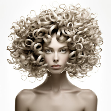 the woman with luscious 3d female curls poses elegantly on a pristine white isolated background, showcasing her stunning hairstyle with intricate details, perfect for beauty, fashion, and hairstyle inspiration, highlighting the beauty of curly hair and feminine charm. ai generatedの素材