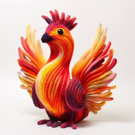 the vibrant knitted phoenix, a mythical bird of fire and rebirth, sits proudly isolated on a crisp white background, showcasing its intricate yarn details and fiery plumage, perfect for craft enthusiasts, textile artists, and fans of mythical creatures. ai generatedの素材