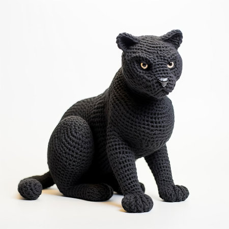 the knitted panther, with its intricate stitches and soft texture, sits proudly against a crisp white background, showcasing its adorable facial features and playful demeanor, perfect for fans of handmade crafts, amigurumi toys, and feline enthusiasts alike. ai generatedの素材