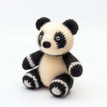 this adorable knitted panda sits serenely against a pristine white background, showcasing its intricately stitched fur and endearing facial expression, perfect for craft enthusiasts and animal lovers alike, highlighting the art of knitting and amigurumi toys. ai generatedの素材