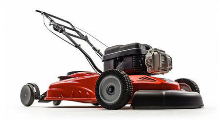 a lawn mower sits isolated on a pristine white background, showcasing its sleek design and vibrant colors, perfect for gardening enthusiasts and landscapers seeking a clean and efficient way to maintain their outdoor spaces, highlighting the importance of lawn care and yard maintenance. ai generatedの素材