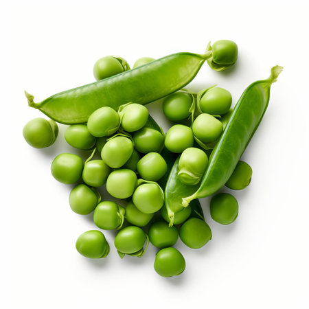 fresh green peas are showcased in this high-quality close-up image, captured from a top view against a clean white background, highlighting their vibrant color and delicate texture, perfect for use in cooking, recipe, and food-related designs. ai generatedの素材