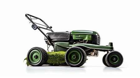 a lawn mower, a essential gardening tool, sits isolated on a pristine white background, showcasing its sleek design and vibrant colors, perfect for landscaping and lawn care enthusiasts, highlighting the importance of regular grass cutting and yard maintenance. ai generatedの素材