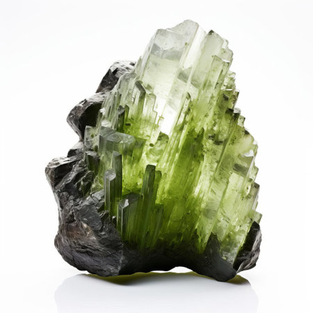 the moldavite stone, a rare and powerful tektite, glimmers with an otherworldly intensity against a pristine white background, its vibrant green color and unique patterns evoking a sense of ancient wisdom and spiritual connection, perfect for meditation and energy healing practices. ai generatedの素材