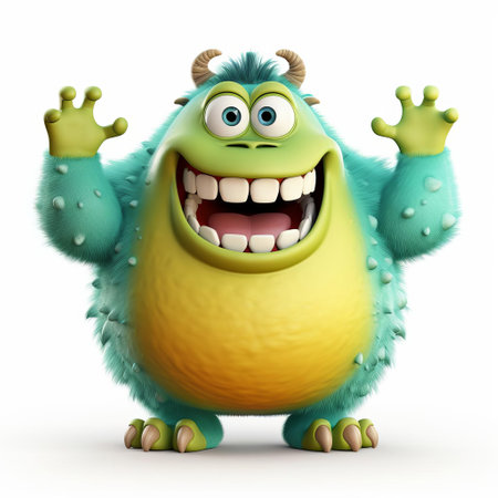 a cheerful 3d smiling monster stands proudly against a crisp white background, showcasing its vibrant, colorful full body, complete with playful horns and a goofy grin, perfect for adding a touch of whimsy to any digital design or illustration project. ai generatedの素材