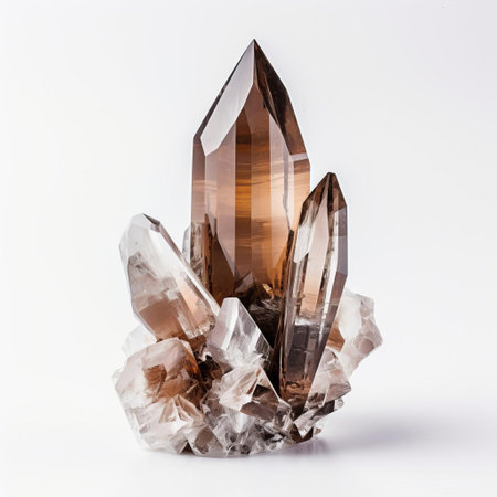 the smoky quartz stone, with its rich brown to black color, sits elegantly against a pristine white background, showcasing its unique crystal structure and subtle inclusions, making it a stunning addition to any mineral collection or healing crystal arrangement, perfect for energy work and spiritual practices. ai generatedの素材