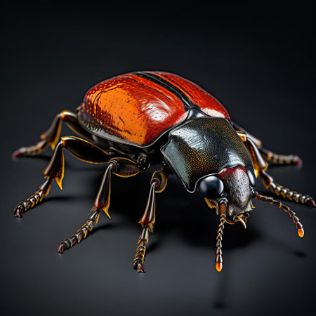 this vibrant beetle, showcasing its striking coloration and intricate details, takes center stage in a studio shot against a clean, isolated background, highlighting its unique shape and texture, perfect for nature enthusiasts and insect photography aficionados. ai generatedの素材
