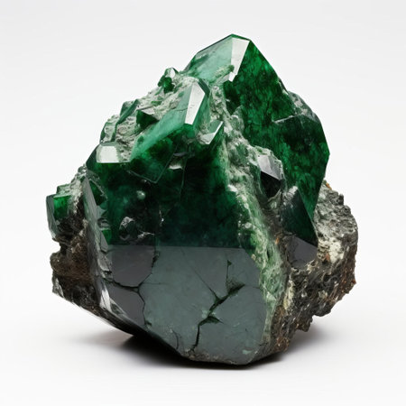 uvarovite stone, a rare and vibrant green chromium-rich garnet, glistens against a pristine white background, showcasing its mesmerizing crystal structure and deep, rich color, perfect for mineral collectors and gemstone enthusiasts seeking unique specimens for display or jewelry design. ai generatedの素材