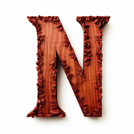 the elegant red wood letter n stands out against a crisp white background, creating a striking visual contrast that showcases the beauty of natural wood grain textures and the simplicity of modern typography, perfect for design inspiration and creative projects. ai generatedの素材