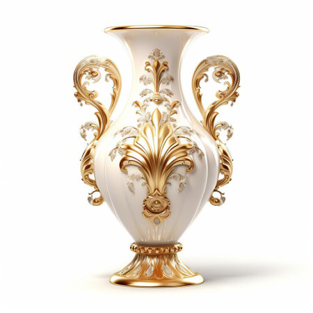 the luxury vase, adorned with intricate designs and patterns, stands elegantly isolated on a pristine white background, showcasing its sophisticated beauty and refinement, perfect for adding a touch of opulence to any home decor or interior design setting. ai generatedの素材
