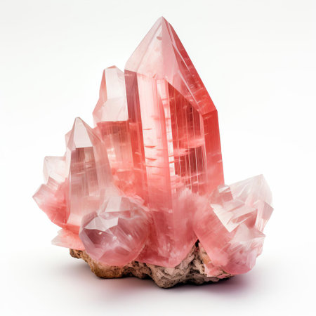 morganite stone, a rare and exquisite gem, glimmers against a pristine white background, showcasing its delicate pinkish-peach hue and subtle sparkle, evoking feelings of serenity and elegance, perfect for jewelry enthusiasts and collectors of precious stones. ai generatedの素材