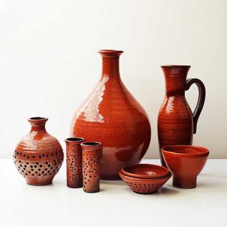 the redware pottery stands out against a pristine white background, showcasing its vibrant color and intricate design, perfect for adding a pop of color to any rustic or vintage-inspired home decor, kitchen, or dining setting, evoking feelings of warmth and coziness. ai generatedの素材