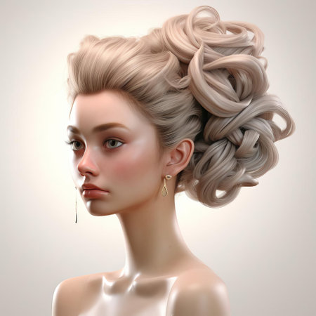 amelia, a stunning 3d model, poses elegantly against a pristine white background, showcasing a breathtaking updo hairstyle that exudes sophistication and glamour, perfect for fashion and beauty inspiration, hair tutorials, and wedding ideas. ai generatedの素材