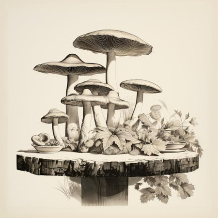 the plate, adorned with an assortment of fresh mushrooms, sits elegantly on a rustic wooden bar, surrounded by subtle lighting, evoking a sense of earthy sophistication and warmth, perfect for a cozy evening gathering or intimate dinner party, highlighting the beauty of nature-inspired decor. ai generatedの素材