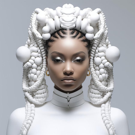 olivia, a stunning 3d model, poses against a crisp white background, showcasing her exquisite goddess braids, intricately woven with precision and flair, exuding an air of regal elegance and mystique, perfect for fantasy and mythology-inspired art and design projects. ai generatedの素材