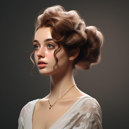 amelia, a stunning 3d model, poses against a crisp white background, showcasing her elegant updo hairstyle, perfect for wedding inspiration, fashion photography, and beauty editorials, highlighting her sleek features and sophisticated charm. ai generatedの素材