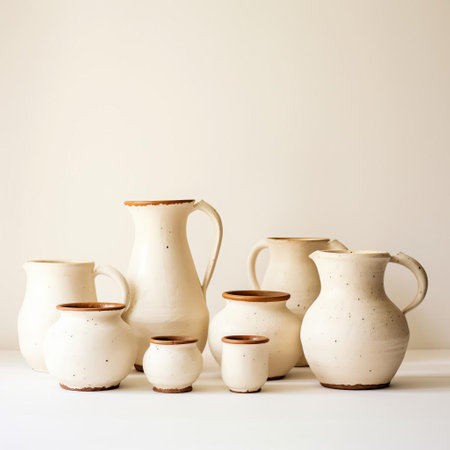 the ceramic vase, crafted from cream-colored earthenware, stands elegantly against a pristine white background, showcasing its earthy tones and subtle texture, evoking a sense of rustic charm and simplicity, perfect for adding a touch of warmth to any home decor or still life photography setting. ai generatedの素材