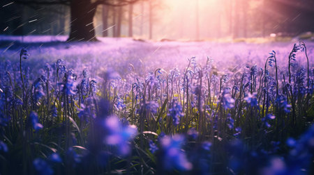 the bluebell flower field stretches as far as the eye can see, a vibrant carpet of delicate, bell-shaped blooms swaying gently in the breeze, surrounded by lush greenery and towering trees, creating a serene and idyllic natural landscape perfect for springtime exploration and photography. ai generatedの素材