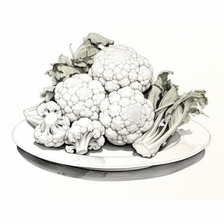 cauliflower takes center stage on a rustic wooden bar, surrounded by subtle shadows, in this stunning still life sketch, capturing the delicate textures and earthy tones of the vegetable, evoking a sense of rustic charm and healthy eating. ai generatedの素材