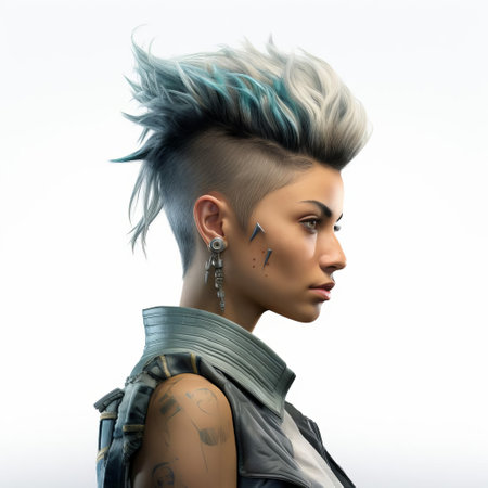 camila, a stunning 3d model, poses confidently against a crisp white background, showcasing her edgy personality with a vibrant mohawk hairstyle, perfect for futuristic and avant-garde art, fashion, and beauty concepts, highlighting individuality and self-expression. ai generatedの素材