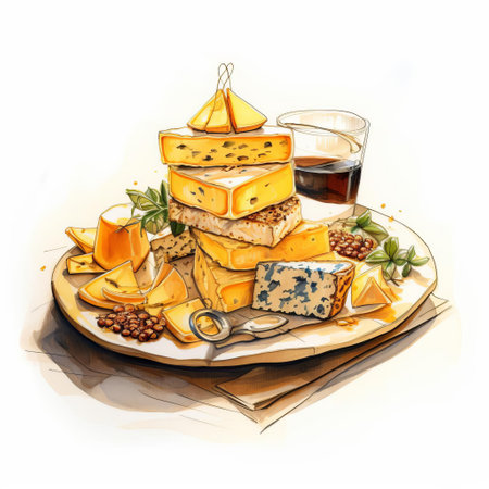 a rustic wooden bar is elegantly adorned with a beautifully arranged plate of artisanal cheese, garnished with fresh grapes and figs, surrounded by crackers and nuts, evoking a sense of sophistication and warmth, perfect for a wine and cheese night or a casual gathering with friends. ai generatedの素材