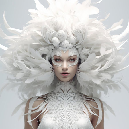 sophia, a stunning 3d digital art model, poses elegantly against a pristine white background, adorned with delicate feathered accessories that add a touch of whimsy to her sophisticated features, evoking a sense of ethereal beauty and mystique in this captivating visual representation. ai generatedの素材