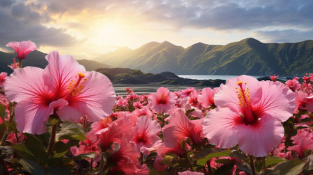 the vibrant hibiscus flower field stretches as far as the eye can see, showcasing its stunning beauty with delicate petals in shades of pink, orange, yellow, and red, swaying gently in the breeze, creating a serene and peaceful atmosphere in this tropical paradise. ai generatedの素材