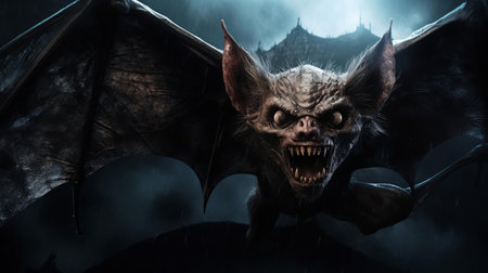 the terrifying creature emerges from the darkness, its grotesque body a twisted fusion of human and bat, with razor-sharp claws and wings spread wide, evoking a sense of foreboding and dread, as if conjured from the depths of a haunted nightmare, exuding an aura of malevolence and horror. ai generatedの素材