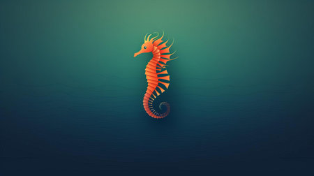 seahorse swims elegantly in front of a serene minimalist background, showcasing its vibrant orange and yellow hues, intricate tail, and unique horse-like head, creating a stunning visual contrast against the soft, calming atmosphere, perfect for marine life enthusiasts and nature lovers. ai generatedの素材