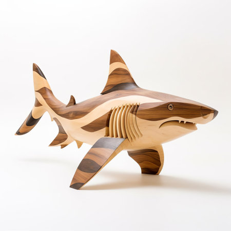 this intricately crafted handmade wood shark, showcased against a pristine white background, reveals its full body in stunning detail, highlighting the artisan's skill in capturing the ocean predator's powerful physique and menacing gaze, perfect for marine life enthusiasts and wooden art collectors. ai generatedの素材