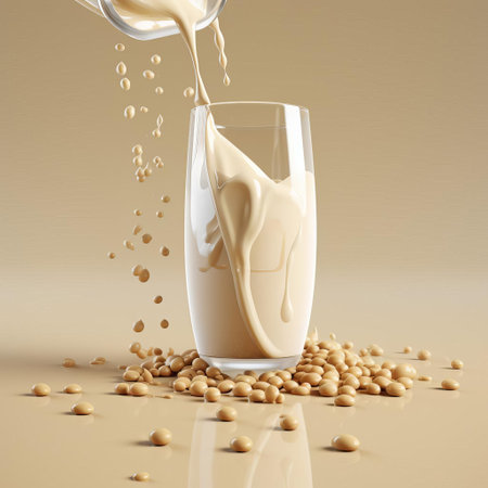 a glass of soy milk is beautifully showcased against a clean, one-color light background in this stunning 3d render, highlighting the creamy texture and subtle sheen of this popular dairy-free alternative, perfect for vegan and vegetarian lifestyles, healthy eating, and culinary photography. ai generatedの素材