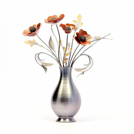 the elegant metal vase overflows with a vibrant bouquet of fresh flowers, beautifully isolated on a crisp white background, creating a stunning still life composition that showcases the intricate details of the vase and the delicate petals of the blooms. ai generatedの素材