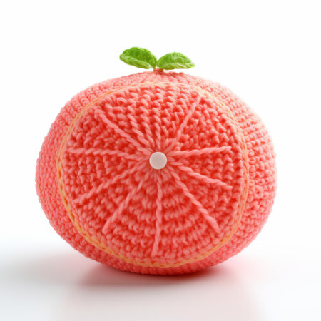 grapefruit, a vibrant and juicy citrus fruit, is beautifully showcased against a crisp white background, surrounded by a delicate and intricate knitted pattern, creating a unique and eye-catching still life photography that highlights the beauty of texture and color contrast. ai generatedの素材