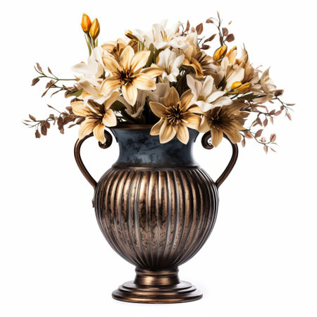 the vase is adorned with a bouquet of flowers in shades of cream, gold, and brown, adding a touch of elegance to the overall composition, evoking the sophistication of classical greek or roman art, with a modern twist that exudes luxury, refinement, and timeless beauty in home decor and interior design. ai generatedの素材