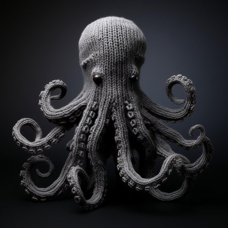 the kraken, a mythical sea monster, is beautifully depicted in this knitted form, isolated on a clean white background, showcasing intricate details and vibrant colors, perfect for craft enthusiasts, marine life fans, and anyone who loves whimsical textile art. ai generatedの素材