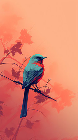 the bird perches confidently on a slender branch, its vibrant plumage standing out against the simplest of backgrounds, a soft, creamy white that allows the viewer's eye to focus solely on the intricate details of its feathers and the gentle curve of its beak, a true masterpiece of nature's artistry. ai generatedの素材