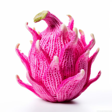 the vibrant knitted dragonfruit, isolated on a pristine white background, showcases the intricate texture and colorful hues of this exotic fruit, perfect for adding a pop of color to your kitchen or dining decor, highlighting the beauty of handmade crafts and tropical inspirations. ai generatedの素材