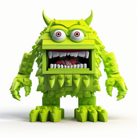 the lego monster, with its vibrant green and blue body, stands proudly on a crisp white background, showcasing its intricate details and playful facial expression, perfect for fans of creative toys, childhood nostalgia, and colorful photography. ai generatedの素材