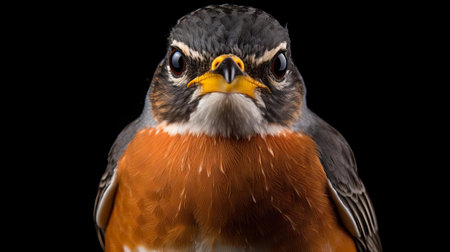 the american robin, a migratory songbird, is beautifully captured in this passport-sized photo, showcasing its distinctive brown back and red breast, taken with a 50mm lens, highlighting the bird's intricate feathers and expressive eyes in stunning detail. ai generatedの素材