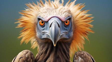 a vulture's piercing gaze is captured in this stunning passport-sized photo, taken with a 50mm lens, showcasing the bird's distinctive feather patterns and sharp talons, highlighting its role as a scavenger in the ecosystem, with a subtle yet striking contrast between its dark plumage and the bright sky. ai generatedの素材