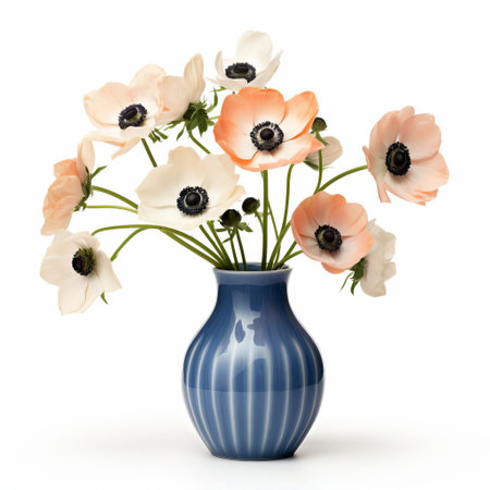 the vase anemone, a delicate and exotic flower, sits elegantly isolated on a pristine white background, showcasing its intricate details and vibrant colors, perfect for floral arrangements, home decor, and still-life photography, evoking a sense of serenity and sophistication. ai generatedの素材