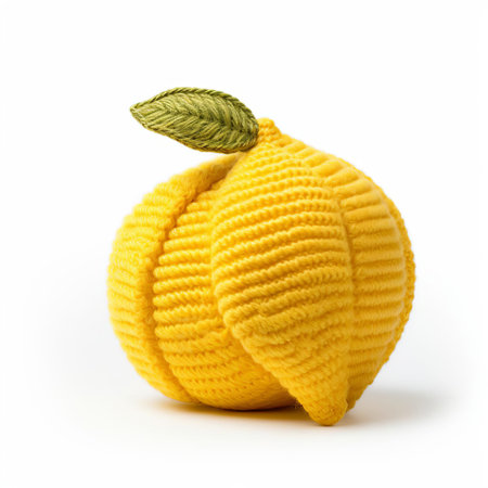 a vibrant knitted lemon sits isolated on a pristine white background, showcasing the intricate details of the handmade textile, perfect for adding a pop of citrusy charm to your summer-themed designs, crafts, and diy projects, evoking feelings of warmth and coziness. ai generatedの素材